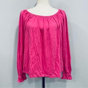 SUNDRY S Gathered Scoop Neck Top Pima Cotton Peasant Ruffle Hot Pink Barbiecore
